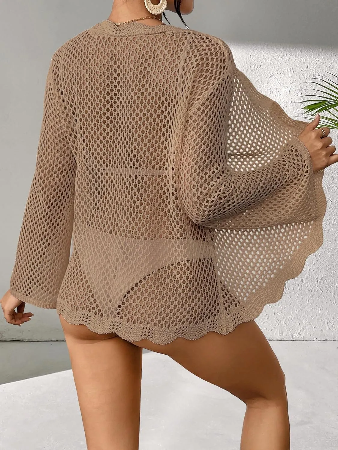 Womens Crochet Knit Loose Fit Beach Coverup Summer 2025 Open Front Ruffle Bathing Suit Cover Up Cropped Cardigans