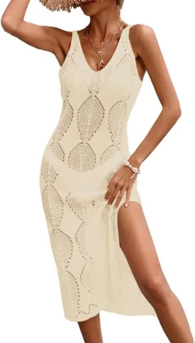 Womens Crochet Leaf Knit Beach Dresses Summer 2025 Backless V Neck Side Slit Bathing Suit Cover Up Midi Dress