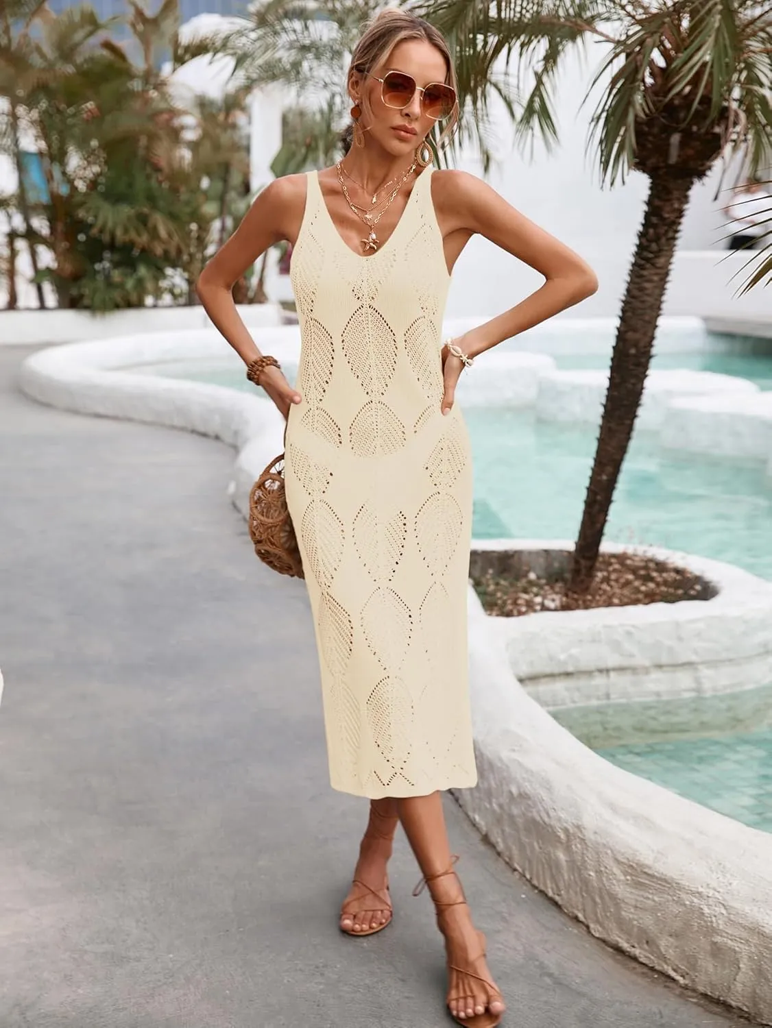 Womens Crochet Leaf Knit Beach Dresses Summer 2025 Backless V Neck Side Slit Bathing Suit Cover Up Midi Dress