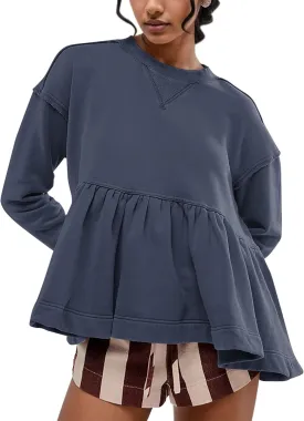 Womens Cute Ruffle Hem Babydoll Sweatshirt Long Sleeve Drop Shoulder Trendy Flowy Peplum Pullover Crop Tops