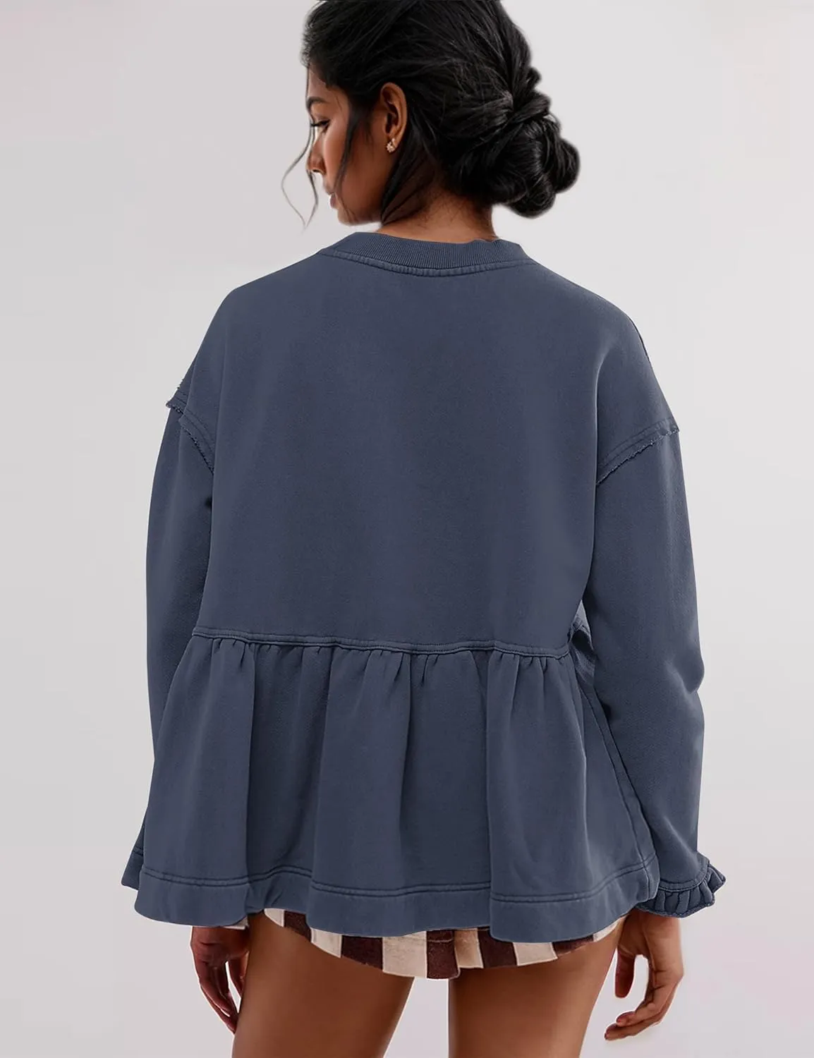 Womens Cute Ruffle Hem Babydoll Sweatshirt Long Sleeve Drop Shoulder Trendy Flowy Peplum Pullover Crop Tops