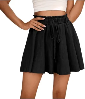 Womens Flowy Linen Shorts High Waist Wide Leg Beach Vacation Pants Cute Drawstring Boho Simple Palazzo Paperbag Shorts