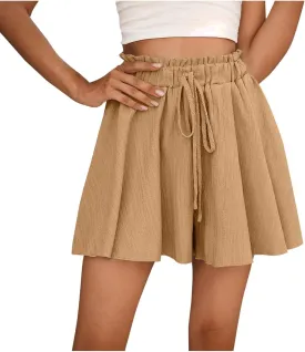 Womens Flowy Linen Shorts High Waist Wide Leg Beach Vacation Pants Cute Drawstring Boho Simple Palazzo Paperbag Shorts