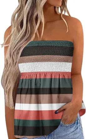 Womens Smocked Strapless Bandeau Tube Tops Floral Ruffled Tank Tops Sleeveless Backless Bandeau Tunic Shirts