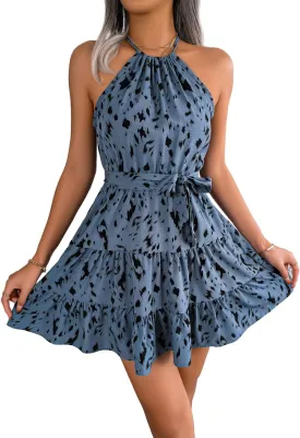 Women's Summer Dress Casual Halter Neck Sleeveless A Line Ruffle Dresses Party Beach Sun Dress
