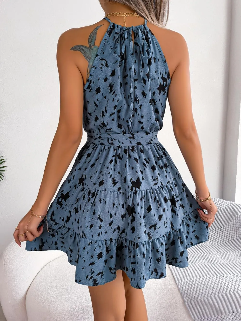 Women's Summer Dress Casual Halter Neck Sleeveless A Line Ruffle Dresses Party Beach Sun Dress
