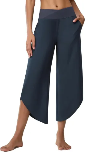 Women's Travel Pants Cross High Waist Wide Leg Lounge Cropped Pants Lightweight Casual Yoga Trousers w Pockets