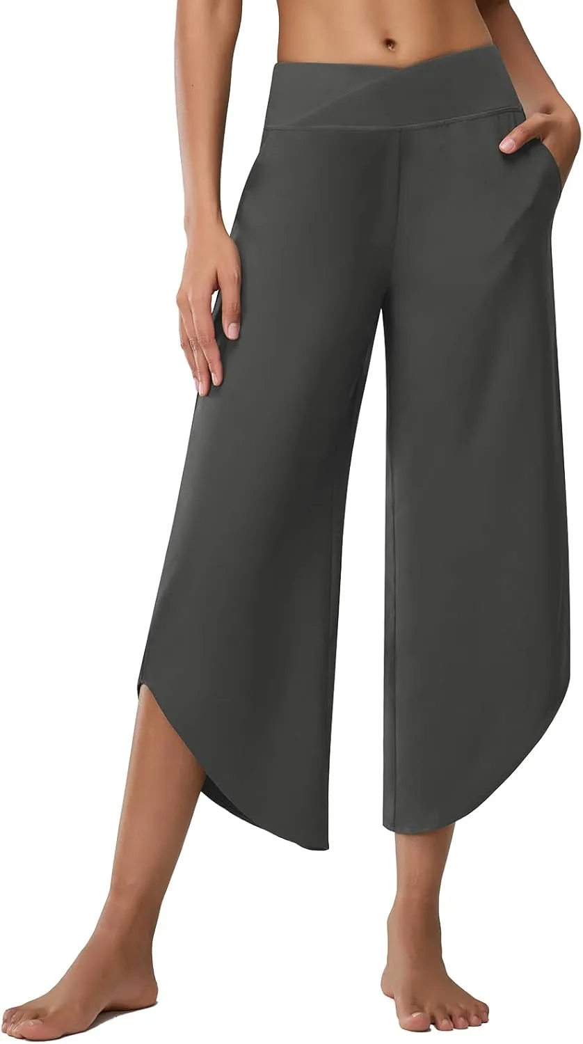 Women's Travel Pants Cross High Waist Wide Leg Lounge Cropped Pants Lightweight Casual Yoga Trousers w Pockets