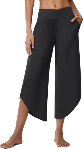 Women's Travel Pants Cross High Waist Wide Leg Lounge Cropped Pants Lightweight Casual Yoga Trousers w Pockets