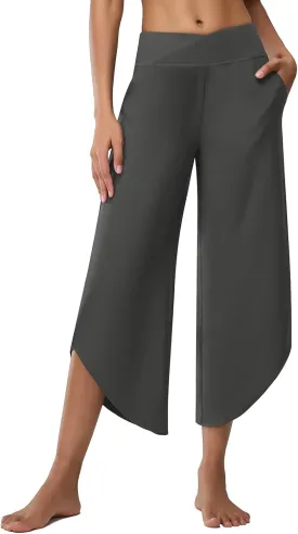 Women's Travel Pants Cross High Waist Wide Leg Lounge Cropped Pants Lightweight Casual Yoga Trousers w Pockets