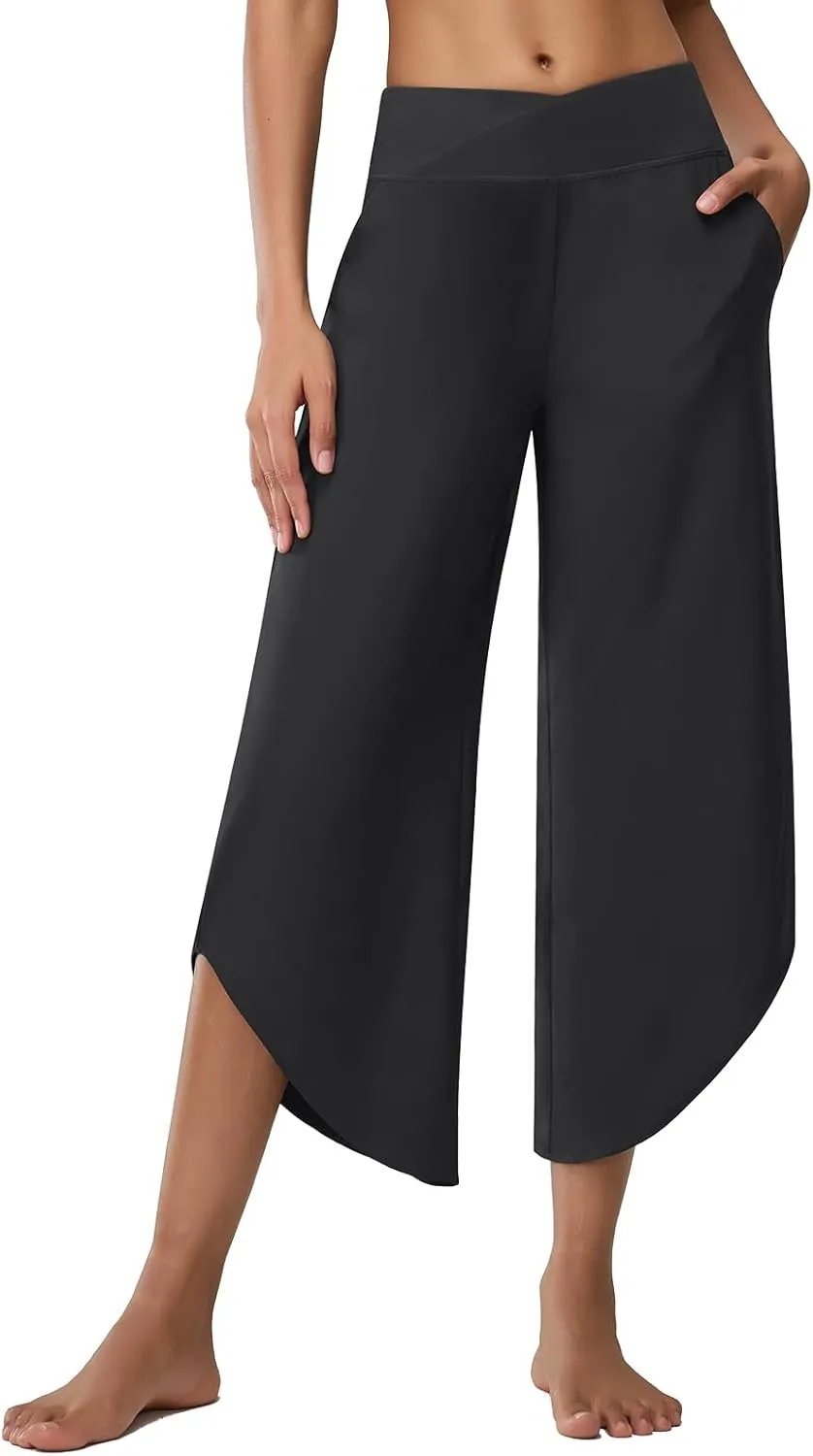 Women's Travel Pants Cross High Waist Wide Leg Lounge Cropped Pants Lightweight Casual Yoga Trousers w Pockets