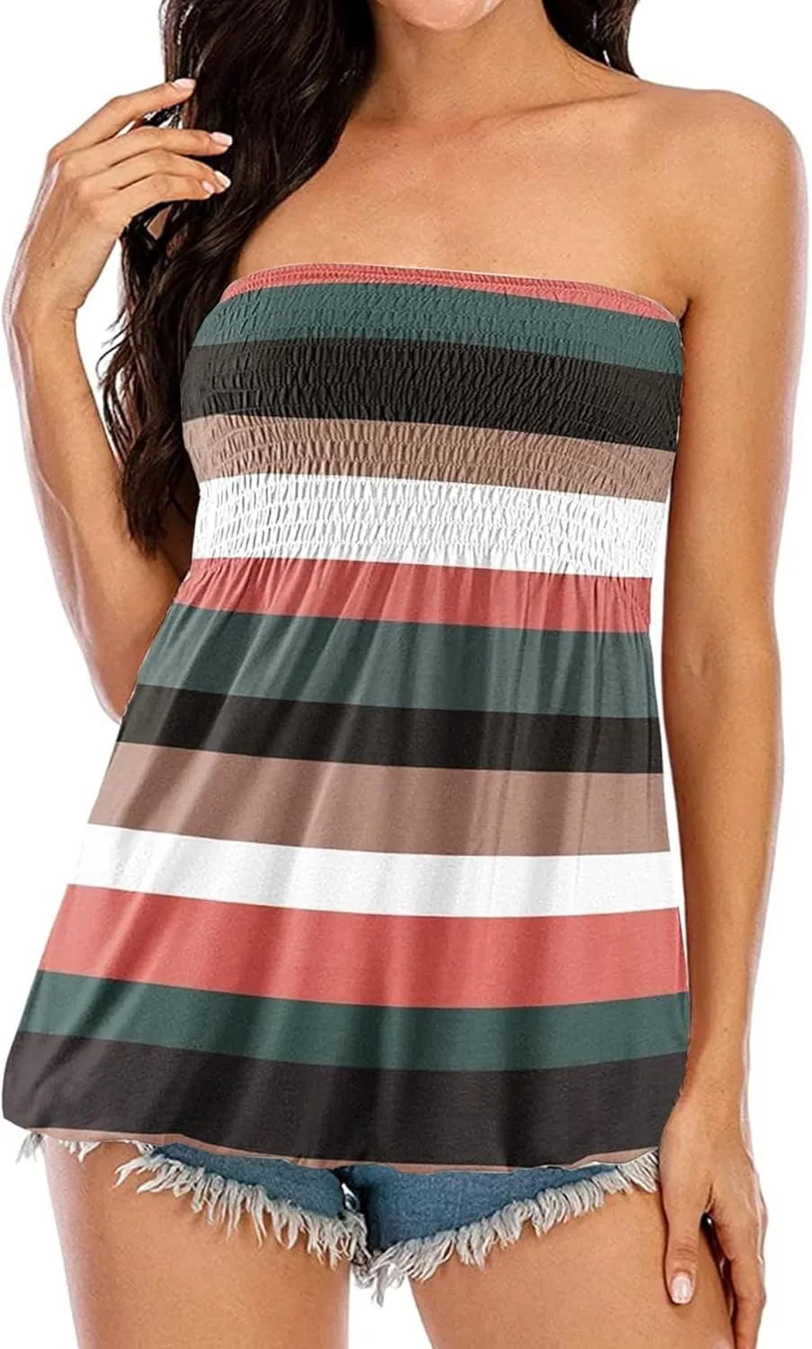 Women's Tube Tops Summer Casual Bandeau Tank Tops Floral Tanks Smocked Ruffled Backless Strapless Sleeveless Shirts