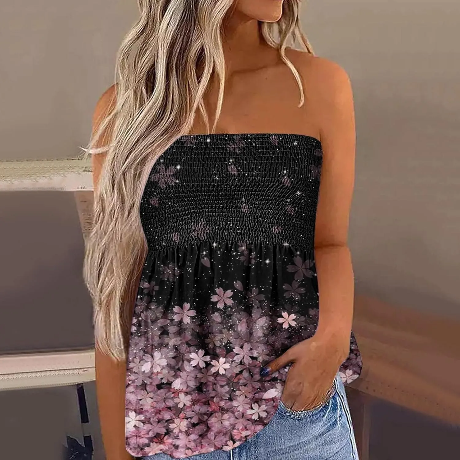 Women's Tube Tops Summer Casual Bandeau Tank Tops Floral Tanks Smocked Ruffled Backless Strapless Sleeveless Shirts