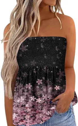 Women's Tube Tops Summer Casual Bandeau Tank Tops Floral Tanks Smocked Ruffled Backless Strapless Sleeveless Shirts