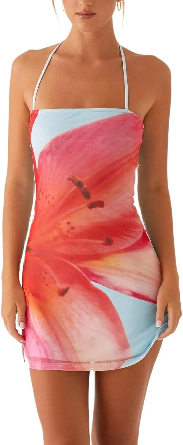 Y2k Women Floral Halter Mini Dress Sexy Tie Up Backless Sleeveless Bodycon Cami Short Dresses Aesthetic Summer