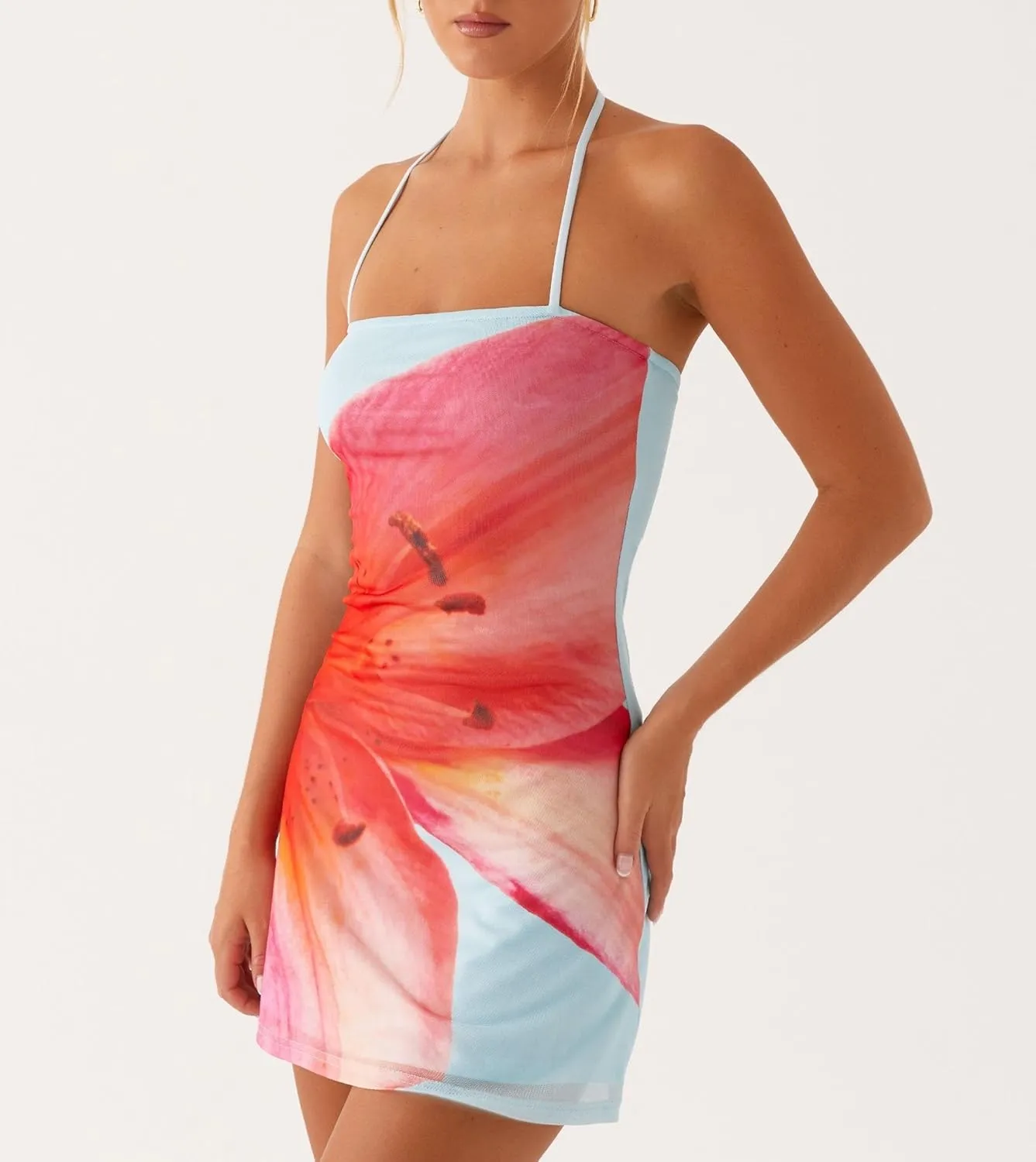 Y2k Women Floral Halter Mini Dress Sexy Tie Up Backless Sleeveless Bodycon Cami Short Dresses Aesthetic Summer