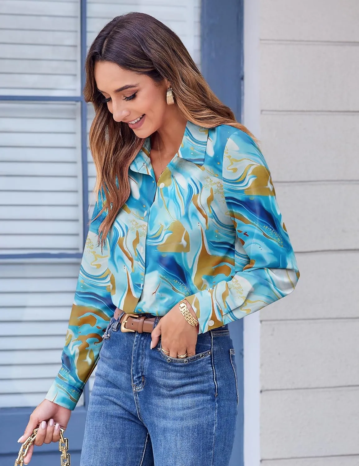 Zeagoo Button Down Shirts for Women Dressy Floral Printed Long Sleeve Blouse Business Casual Work Tops