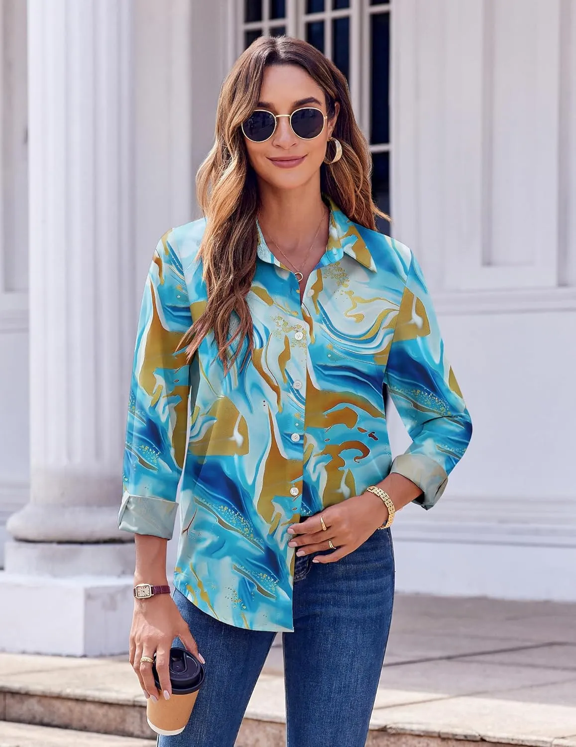 Zeagoo Button Down Shirts for Women Dressy Floral Printed Long Sleeve Blouse Business Casual Work Tops