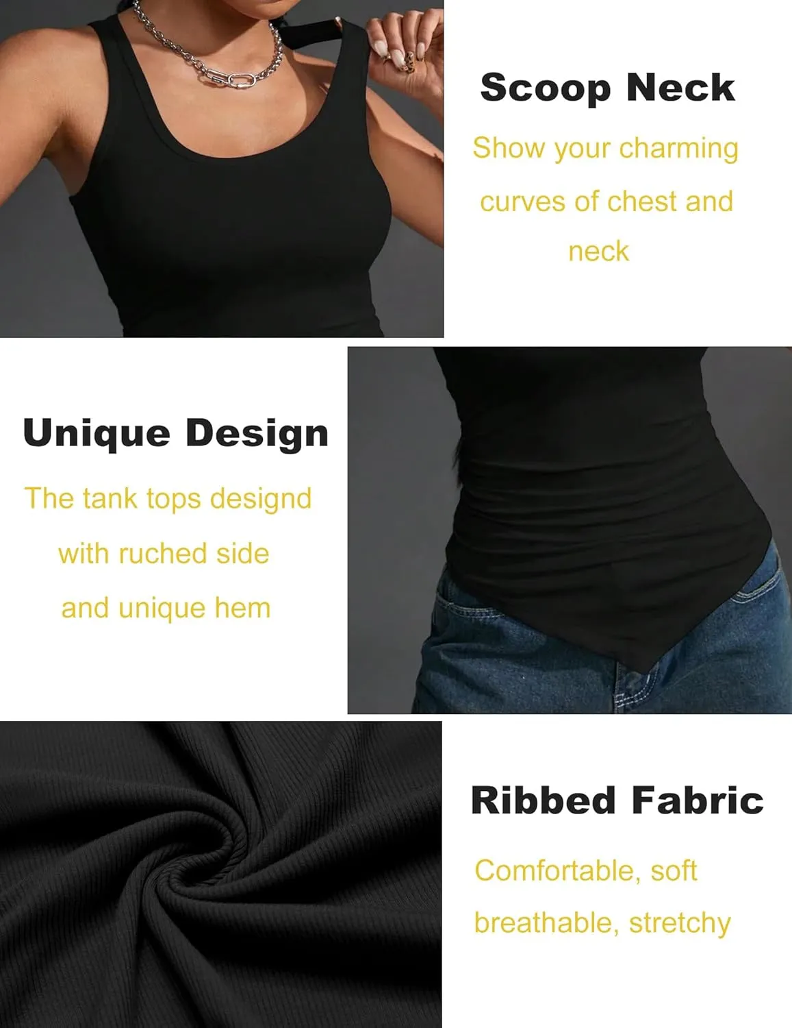Zeagoo Ribbed Tank Tops for Women 3 Pack Sleeveless Scoop Neck Ruched Cute Summer Shirts