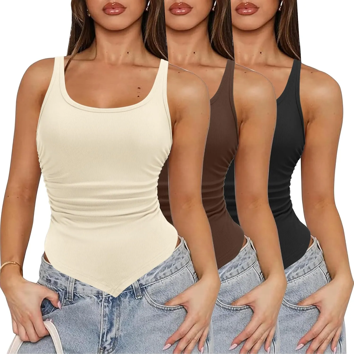 Zeagoo Ribbed Tank Tops for Women 3 Pack Sleeveless Scoop Neck Ruched Cute Summer Shirts
