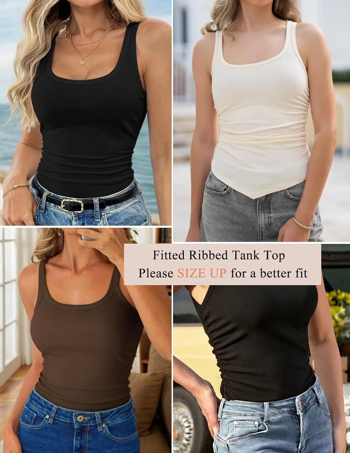 Zeagoo Ribbed Tank Tops for Women 3 Pack Sleeveless Scoop Neck Ruched Cute Summer Shirts
