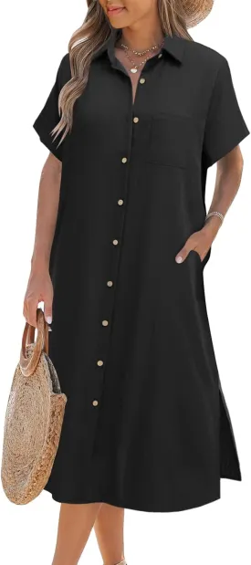 Zeagoo Womens Dress Summer Casual Short Sleeve Button Down Shirt Dresses Beach Cover Up with Pockets