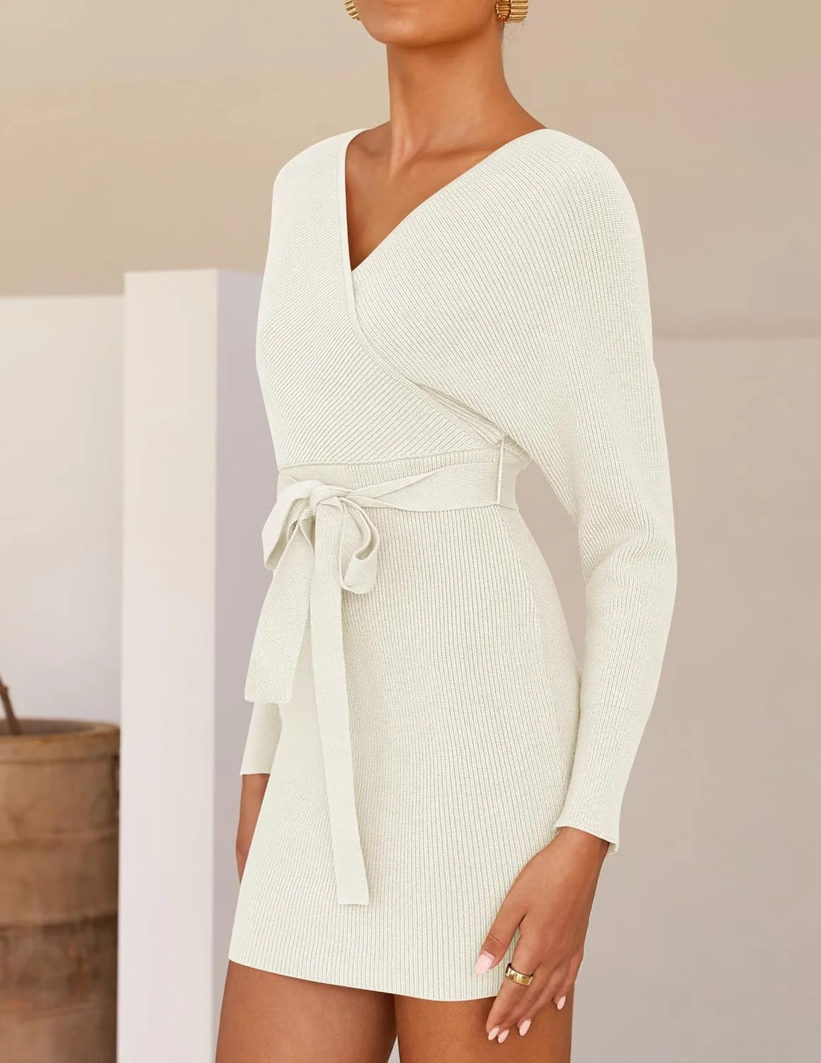 ZESICA Women's Fall Long Batwing Sleeve Wrap V Neck Knitted Backless Bodycon Pullover Sweater Dress with Belt