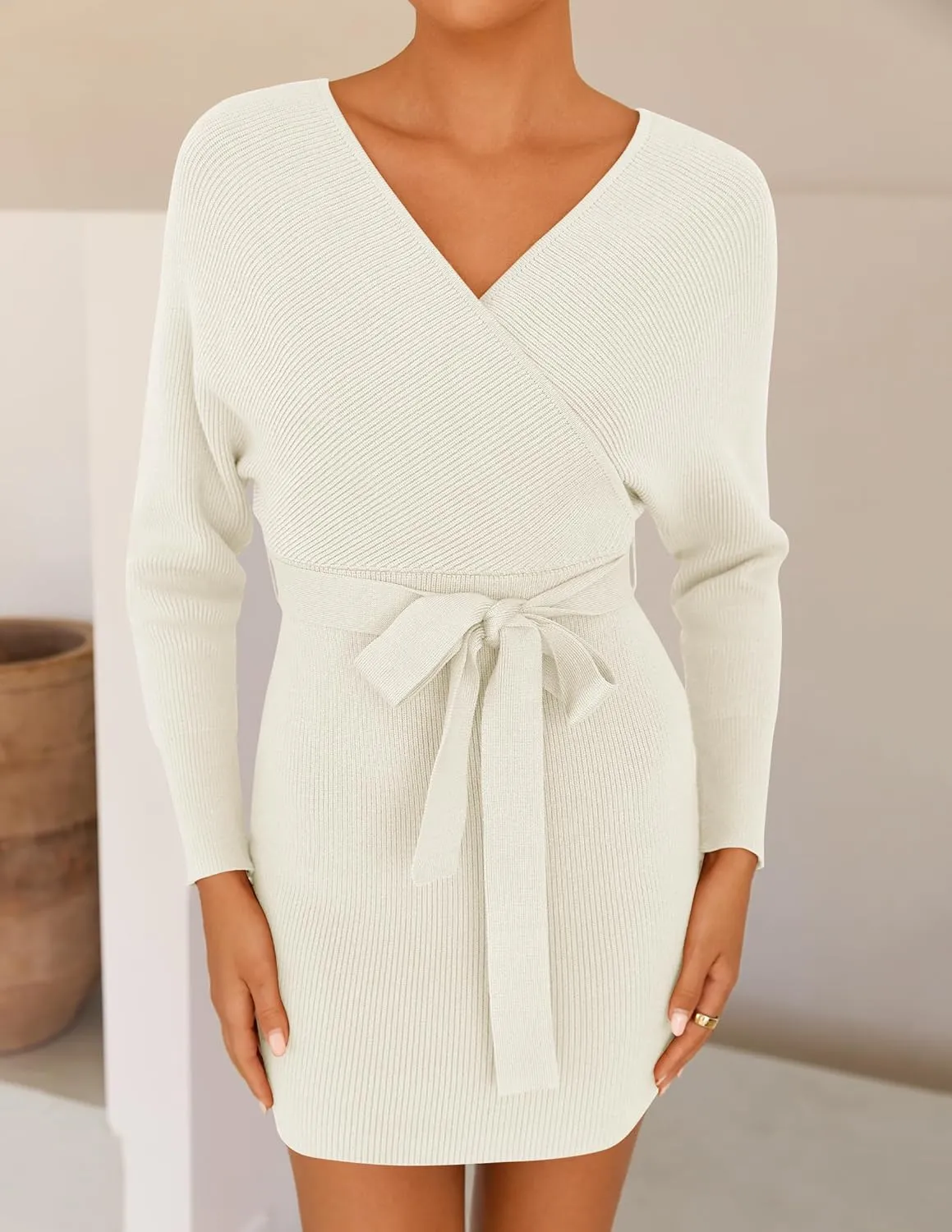 ZESICA Women's Fall Long Batwing Sleeve Wrap V Neck Knitted Backless Bodycon Pullover Sweater Dress with Belt
