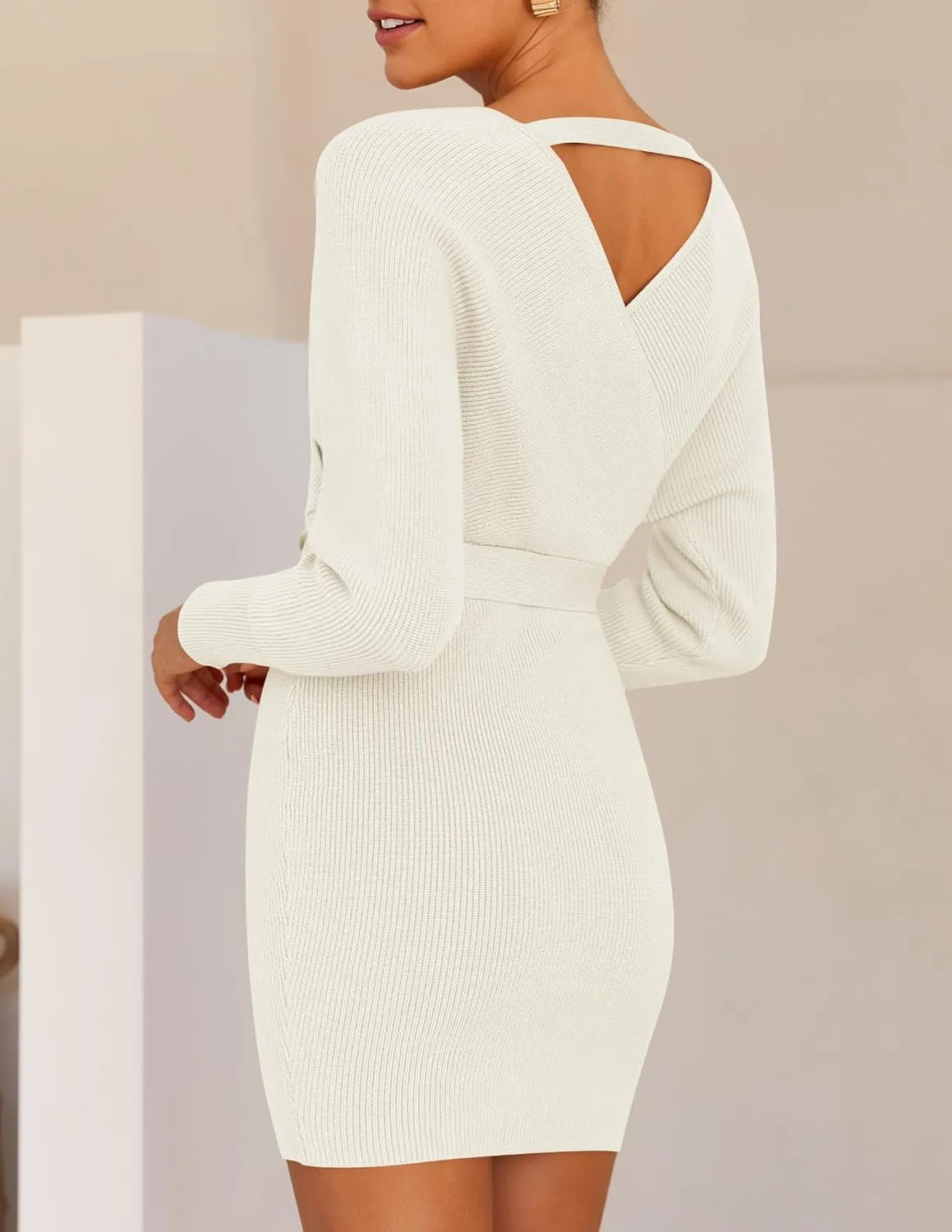 ZESICA Women's Fall Long Batwing Sleeve Wrap V Neck Knitted Backless Bodycon Pullover Sweater Dress with Belt