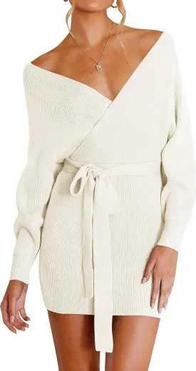 ZESICA Women's Fall Long Batwing Sleeve Wrap V Neck Knitted Backless Bodycon Pullover Sweater Dress with Belt