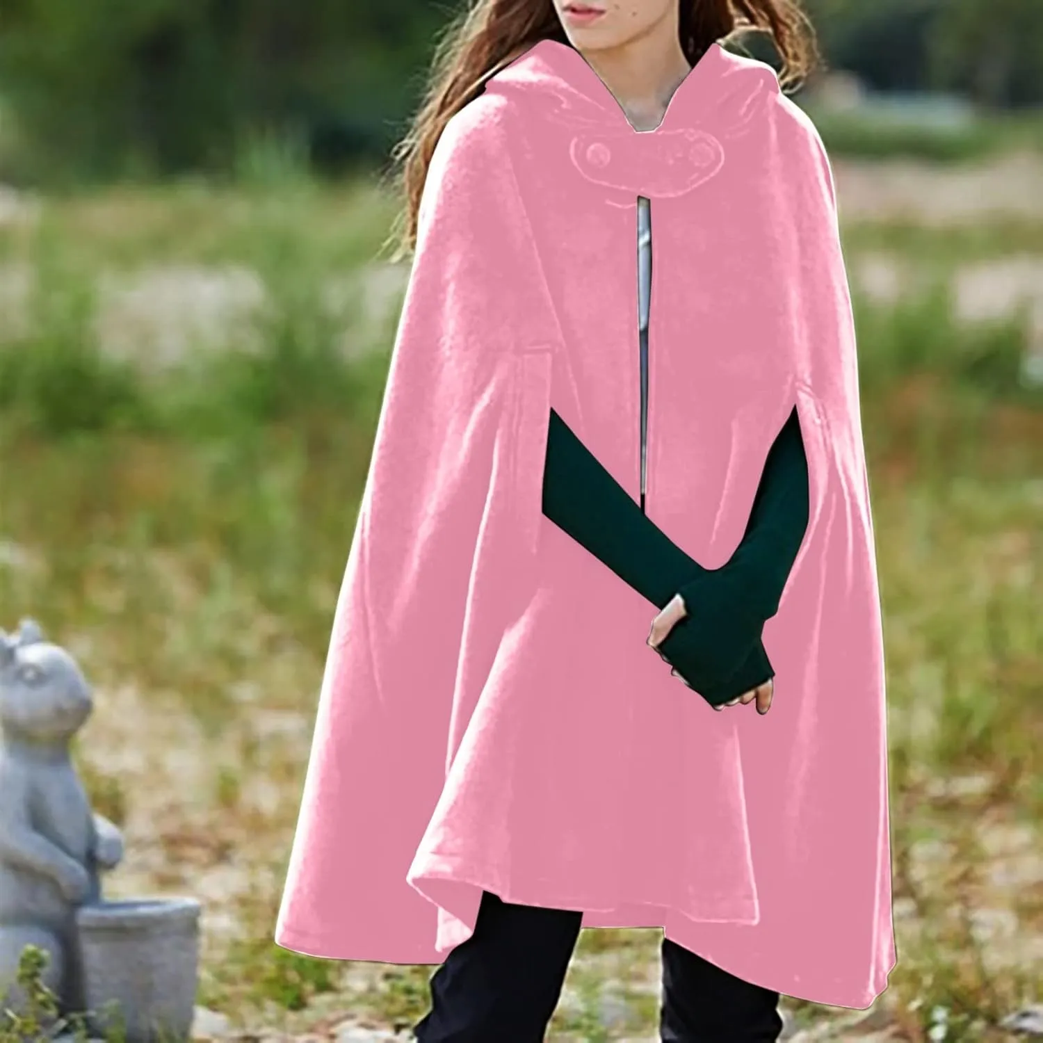 ZYXTIM Women's Wool Blend Hooded Poncho Cape Button Open Front Fall Winter Warm Pea Coat Cloak Elegant Classy Maxi Cape Coat