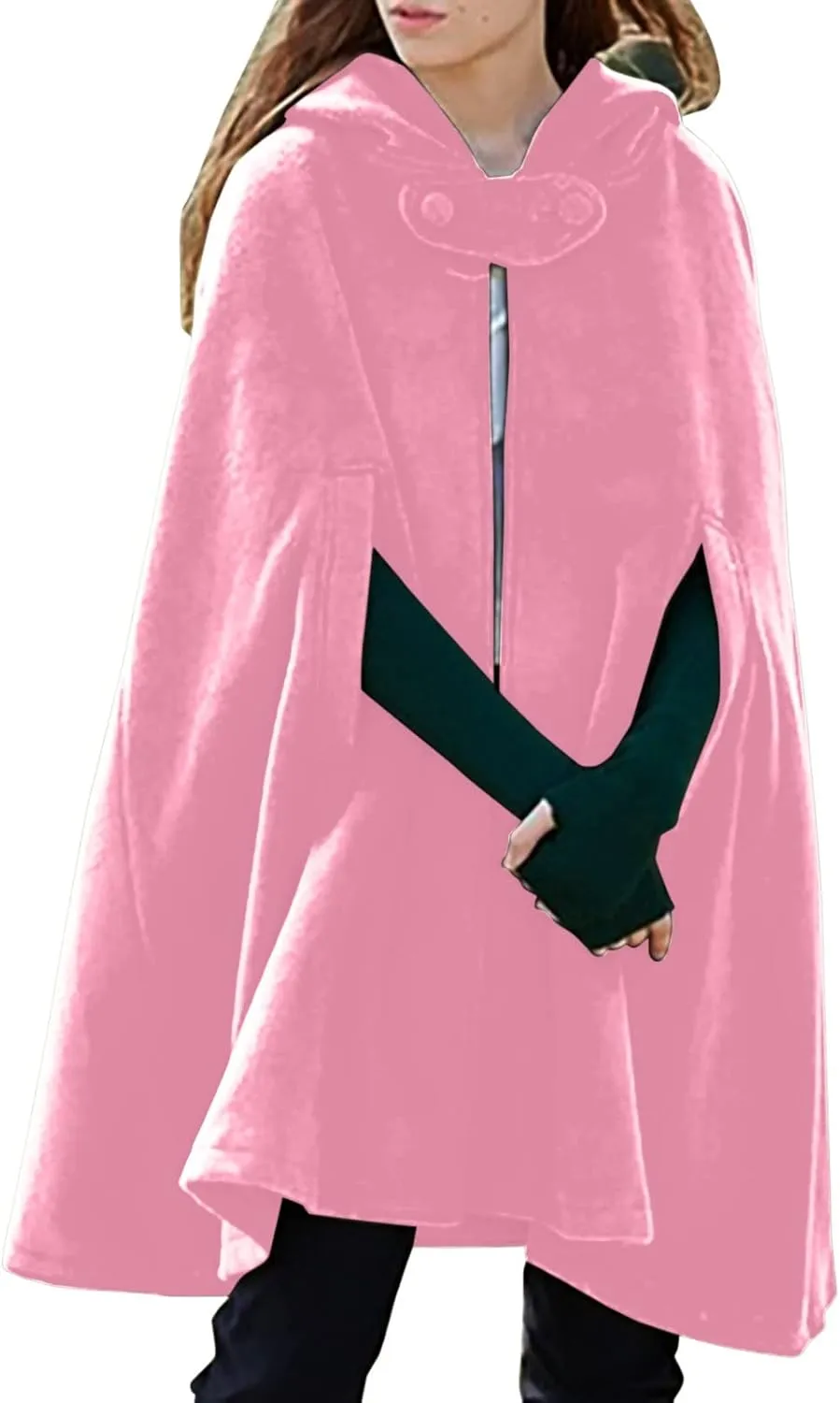 ZYXTIM Women's Wool Blend Hooded Poncho Cape Button Open Front Fall Winter Warm Pea Coat Cloak Elegant Classy Maxi Cape Coat